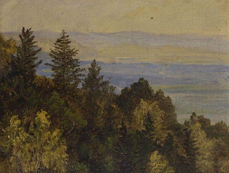 Blick uber einen bewaldeten Abhang in weite Gebirgslandschaft, Carl Gustav Carus